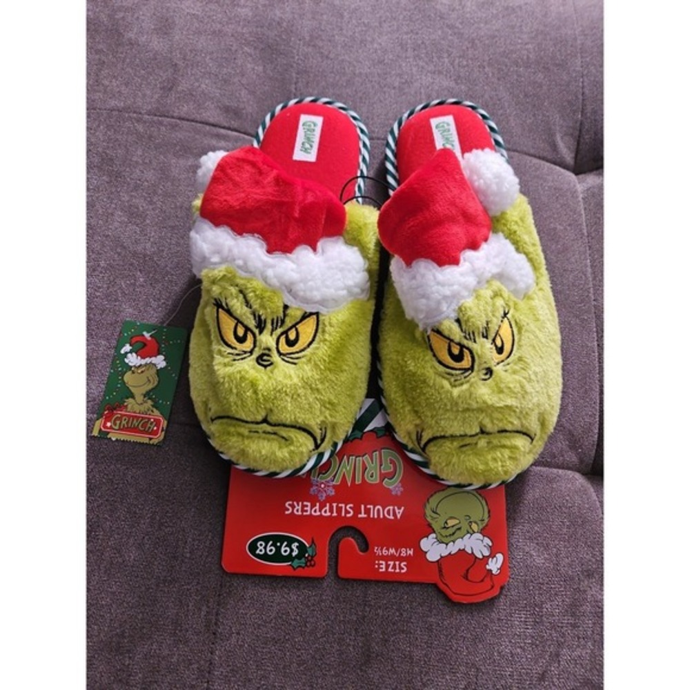 Dr Seuss The Grinch Christmas Plush Slippers Adult Size M8 W9.5 Green Santa Hat